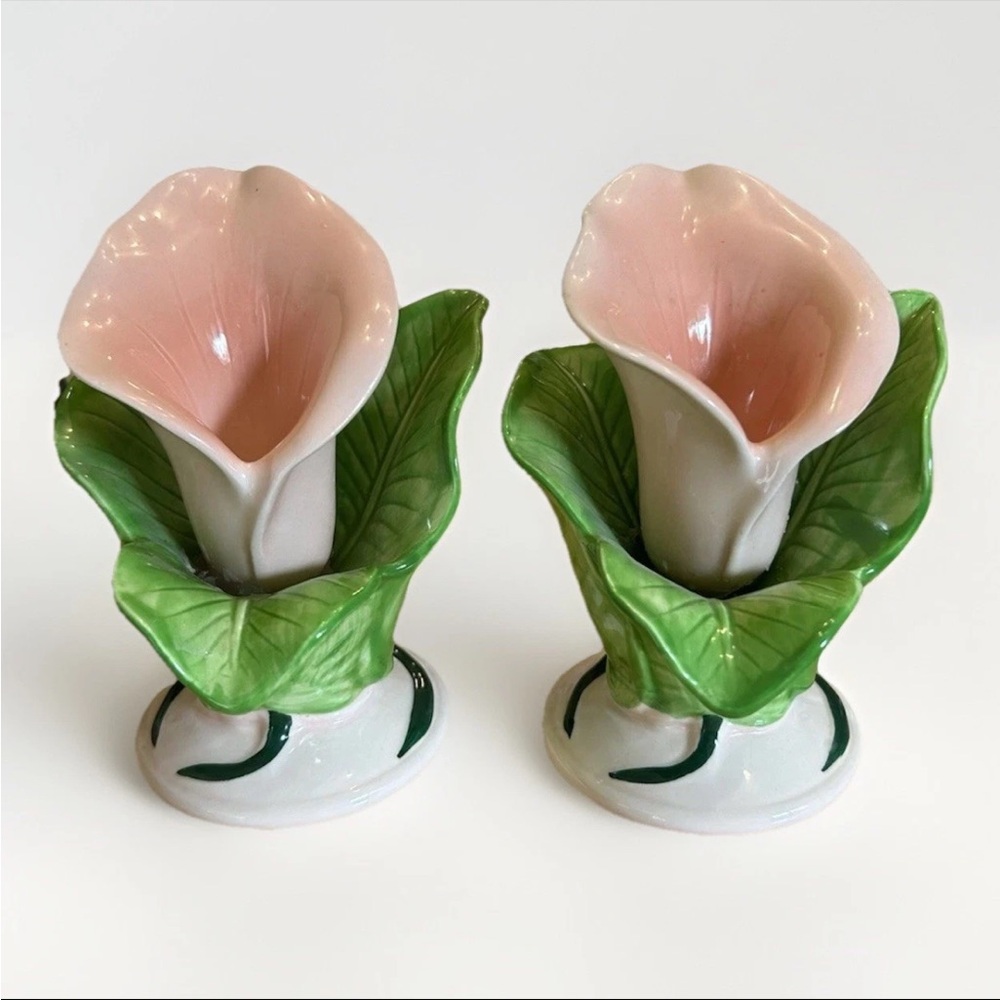 Vintage Toyo Japan Calla Lily Porcelain Sculptures Set of 2 Pink Green Floral